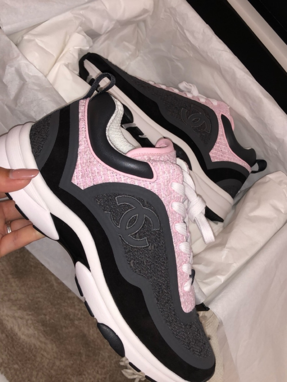 CHANEL Pink, Gray & Black Tweed Chunky Runner Sneakers